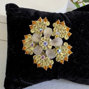 Silver Flower Brooch Pin with AB and Gold Rhinestones